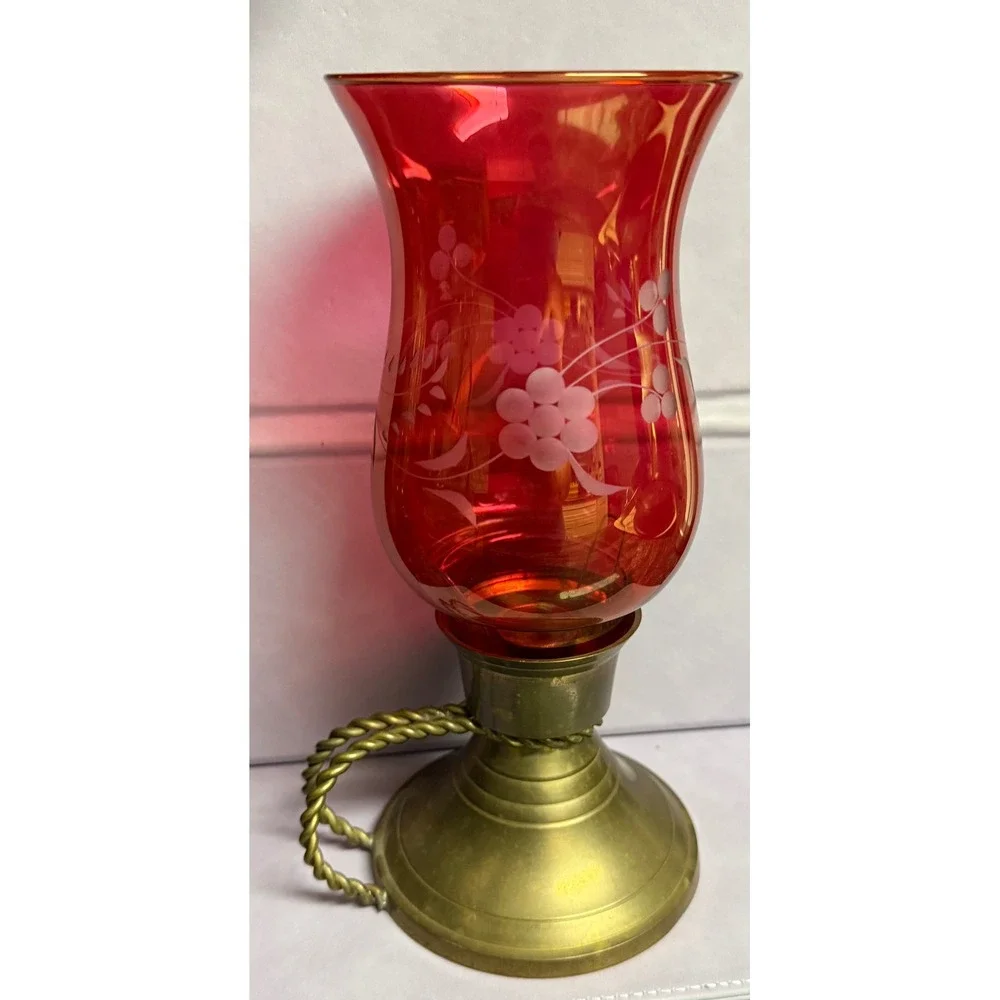 Vintage Cranberry Color Etched Glass Hurricane Candle Holder Brass Base 9.5